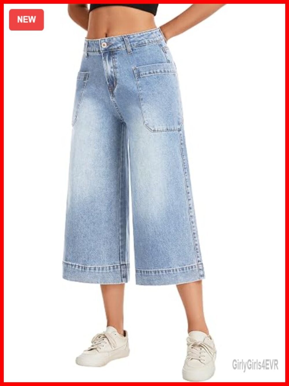 High Waisted Wide Leg Cropped Capri Jeans with Pockets Stretchy Denim